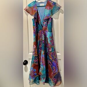 Vtg A.J. Bari Ann Simpson Flowy Jewelry Tone Surplice V Sleeveless Midi Dress